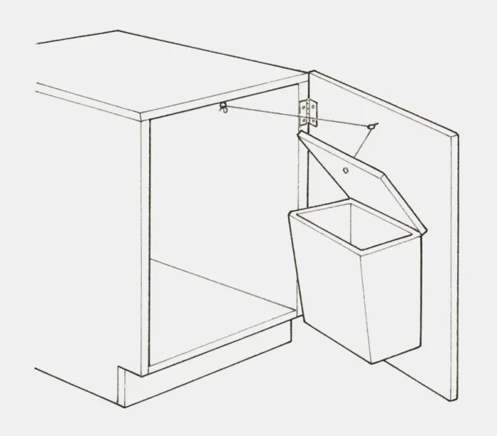 Framed Print : Black and white illustration of plastic waste bin mounted on the inside of a cupboard door, with a pulley system to open the lid Framed Print : Black and white illustration of plastic waste bin mounted on the inside of a cupboard door, with a pulley system to open the lid