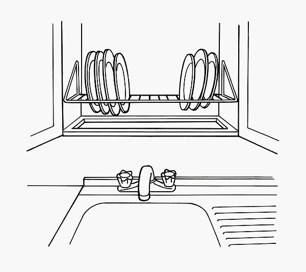 Black and white illustration of plates on rack above kitchen sink