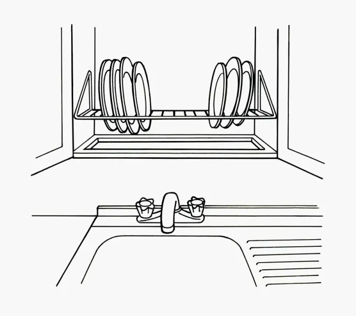Framed Print : Black and white illustration of plates on rack above kitchen sink Framed Print : Black and white illustration of plates on rack above kitchen sink