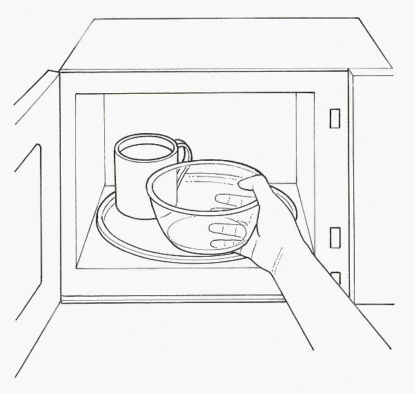 Black and white illustration of positioning empty glass bowl in microwave next to mug full of water