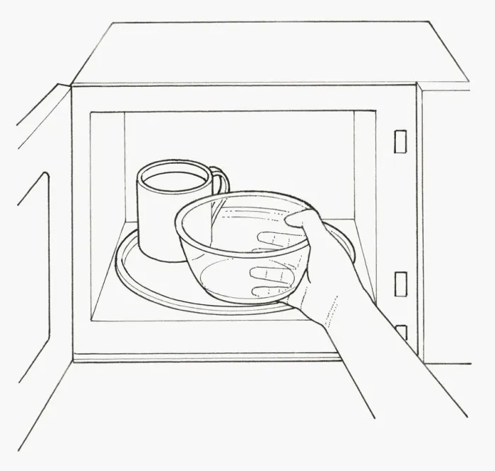 Framed Print : Black and white illustration of positioning empty glass bowl in microwave next to mug full of water Framed Print : Black and white illustration of positioning empty glass bowl in microwave next to mug full of water