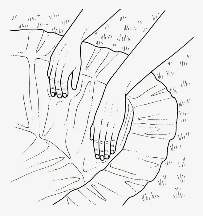 Framed Print : Black and white illustration of positioning pond liner in hole