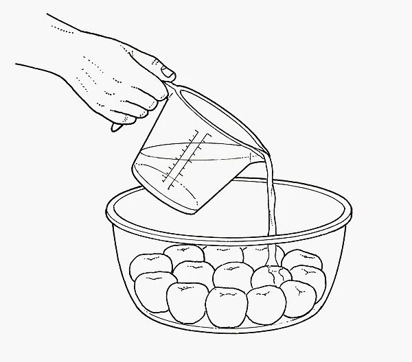 Black and white illustration of pouring fruit liqueur on poached apricots in glass bowl