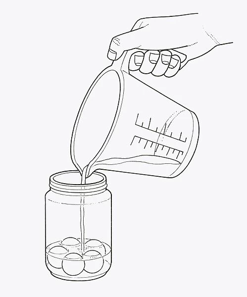 Black and white illustration of pouring water on putty balls in jar