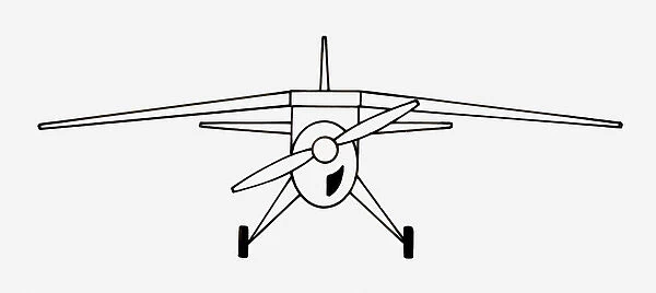 Black and white illustration of propeller aircraft with high-set anhedral (downward sloping) wings