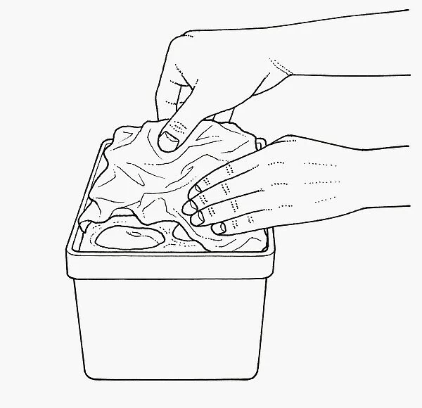 Black and white illustration of putting crumpled paper on cooked fruits to keep them below the surfa