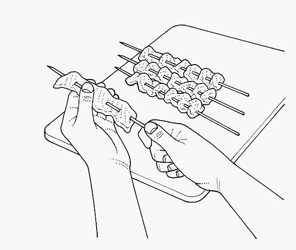 Black and white illustration of putting filleted fish on skewers