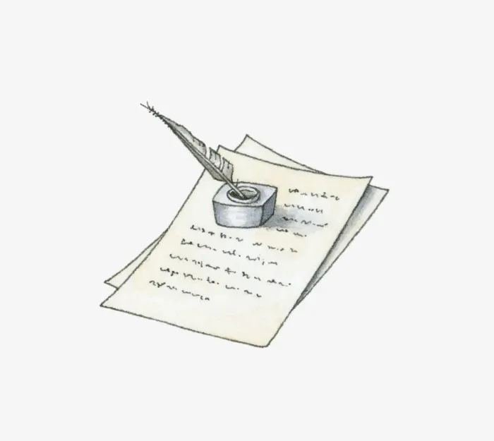 Framed Print : Black and white illustration of quill pen and ink well on handwritten document Framed Print : Black and white illustration of quill pen and ink well on handwritten document