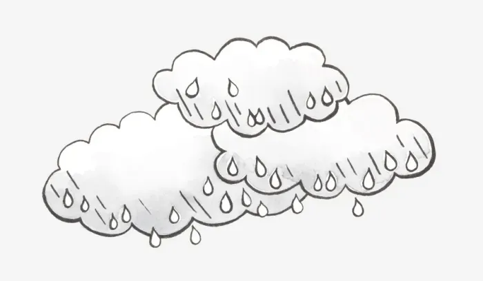 Framed Print : Black and white illustration of rain clouds and raindrops