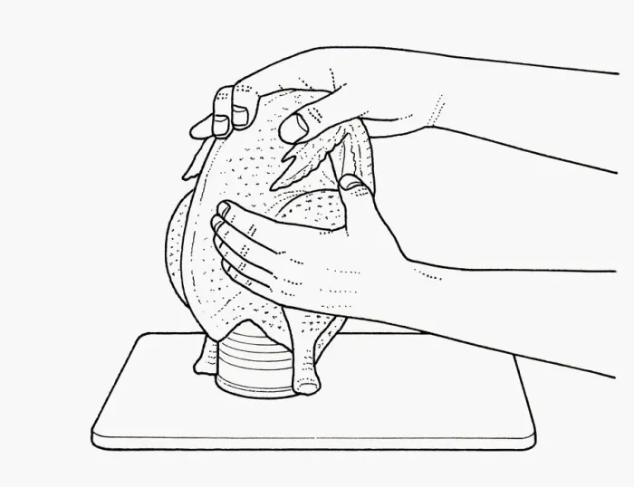 Framed Print : Black and white illustration of raw chicken on tin can filled with wine to add flavour