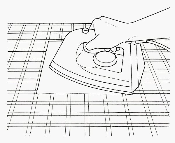 Black and white illustration of removing candle wax from tablecloth using warm iron and kitchen pape