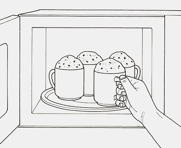 Black and white illustration of removing mug of frothy milk from microwave