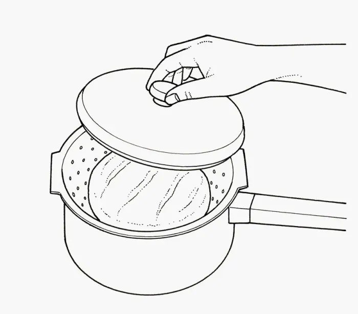 Framed Print : Black and white illustration of reviving stale loaf of bread by steaming in colander in saucepan Framed Print : Black and white illustration of reviving stale loaf of bread by steaming in colander in saucepan