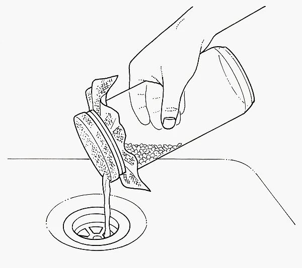 Black and white illustration of rinsing mung beans with water through muslin on top of jar