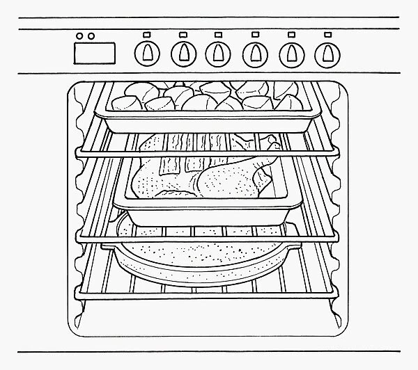 Black and white illustration roast dinner cooking in oven