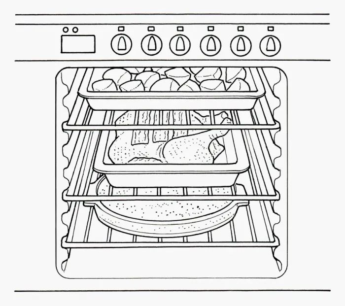 Framed Print : Black and white illustration roast dinner cooking in oven