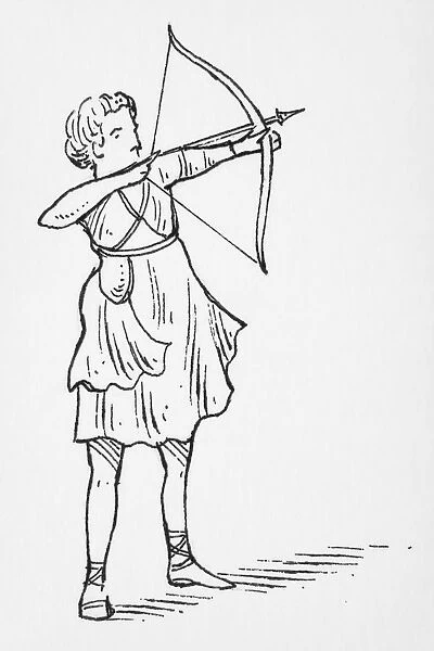 Black and white illustration of Roman goddess Diana holding a bow and arrow