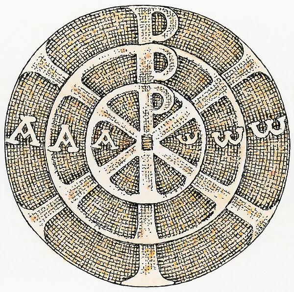 Black and white illustration of round symbol with three concentric circles and letters within