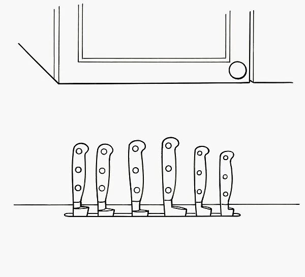 Black and white illustration of row of kitchen knife handles in a slot cut into the worktop