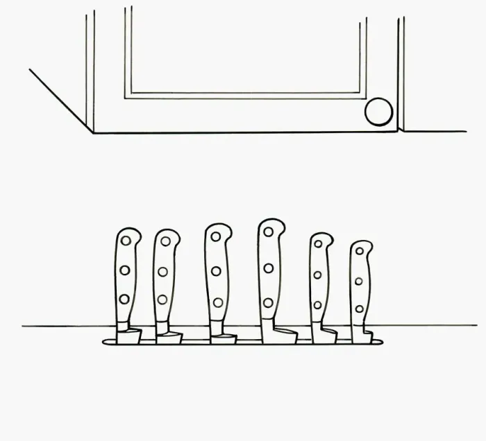 Framed Print : Black and white illustration of row of kitchen knife handles in a slot cut into the worktop Framed Print : Black and white illustration of row of kitchen knife handles in a slot cut into the worktop