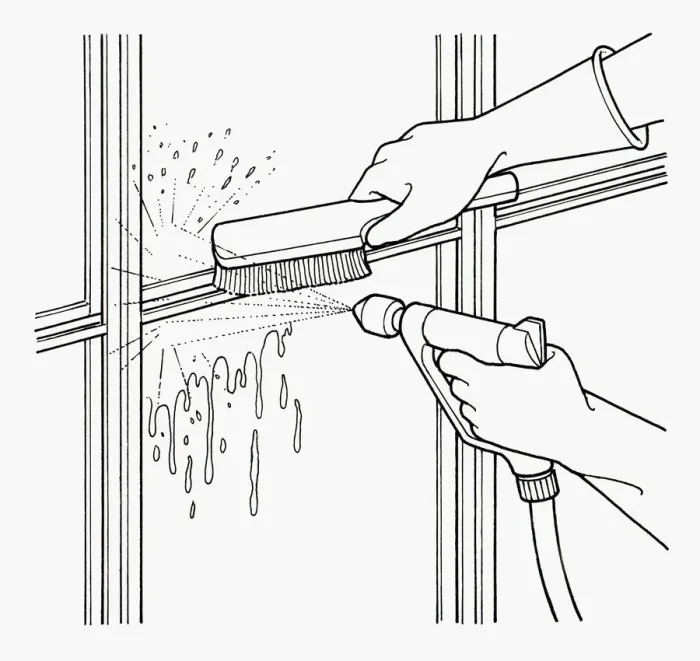 Framed Print : Black and white illustration of scrubbing mould from greenhouse window frame using water spray and b Framed Print : Black and white illustration of scrubbing mould from greenhouse window frame using water spray and b