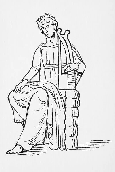 Black and white illustration of seated Greek god Apollo playing lyre