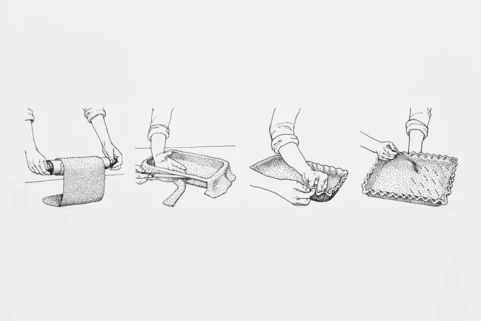 Framed Print : Black and white illustration sequence showing how roll and line a pastry dish Framed Print : Black and white illustration sequence showing how roll and line a pastry dish