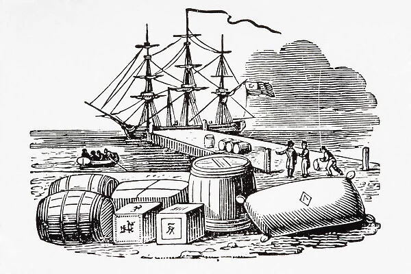 Black and white illustration of ship at end of pier, barrels and boxes on shore
