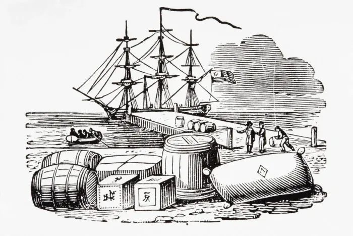 Framed Print : Black and white illustration of ship at end of pier, barrels and boxes on shore