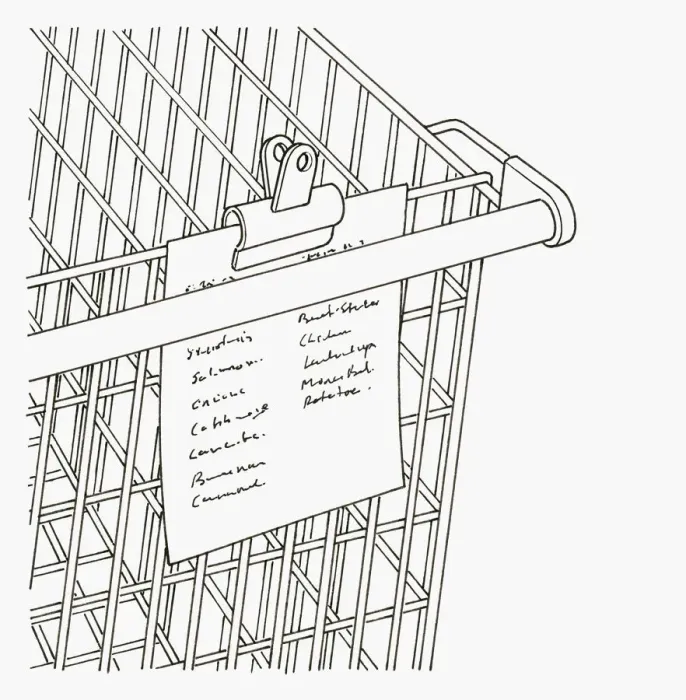 Framed Print : Black and white illustration of shopping list clipped to trolley Framed Print : Black and white illustration of shopping list clipped to trolley