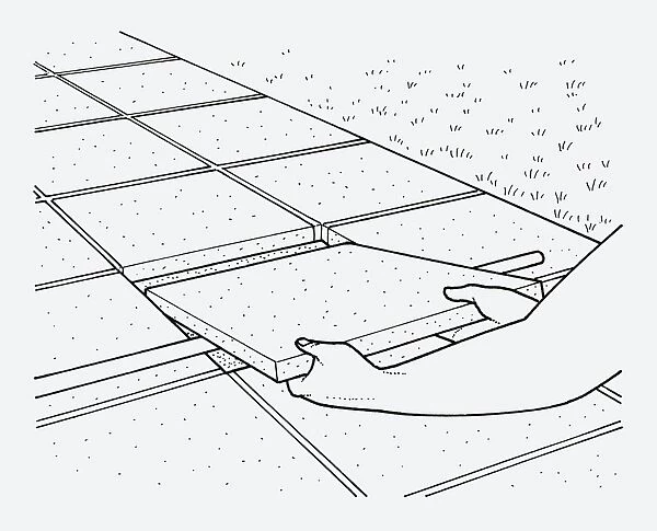 Black and white illustration showing how accurately position paving slab on ground