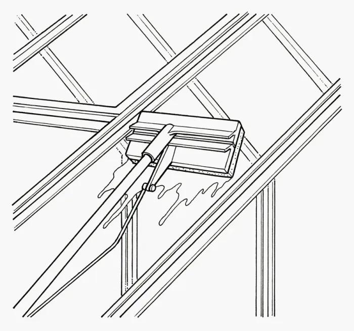 Framed Print : Black and white illustration showing how to clean greenhouse roof glass using long handled floor mop Framed Print : Black and white illustration showing how to clean greenhouse roof glass using long handled floor mop