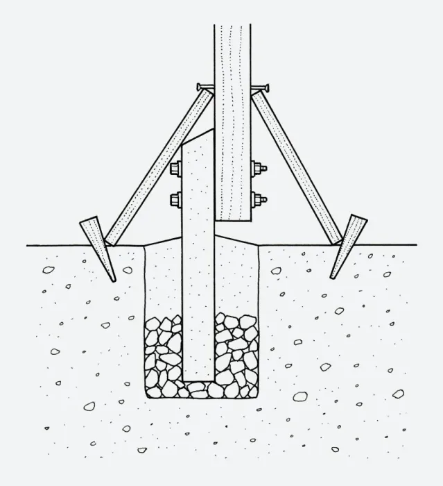 Framed Print : Black and white illustration showing concrete bolted to base of wooden post above soil Framed Print : Black and white illustration showing concrete bolted to base of wooden post above soil