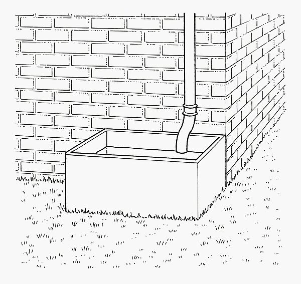 Black and white illustration showing end of downpipe inside water storage tank next to wall