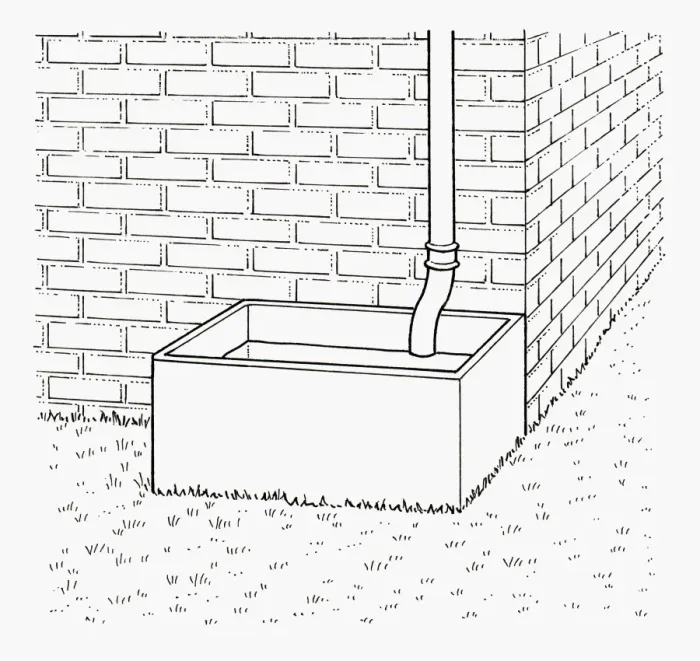 Framed Print : Black and white illustration showing end of downpipe inside water storage tank next to wall Framed Print : Black and white illustration showing end of downpipe inside water storage tank next to wall