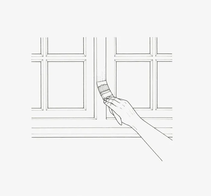 Framed Print : Black and white illustration showing hand holding paintbrush applying paint to window frame Framed Print : Black and white illustration showing hand holding paintbrush applying paint to window frame