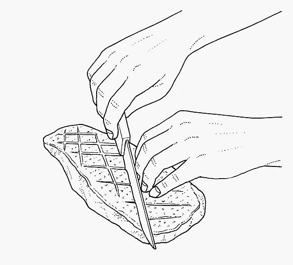 Black and white illustration showing how to prepare duck breast for grilling or frying by scoring sk