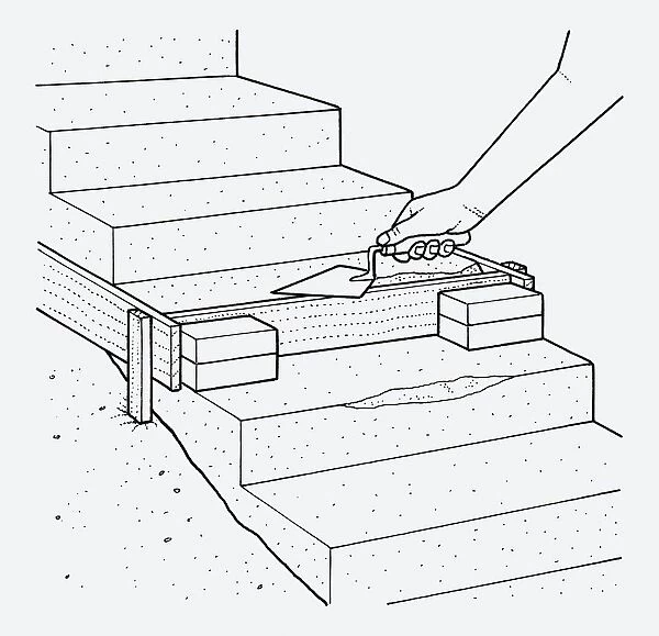 Black and white illustration showing how to repair concrete steps using trowel