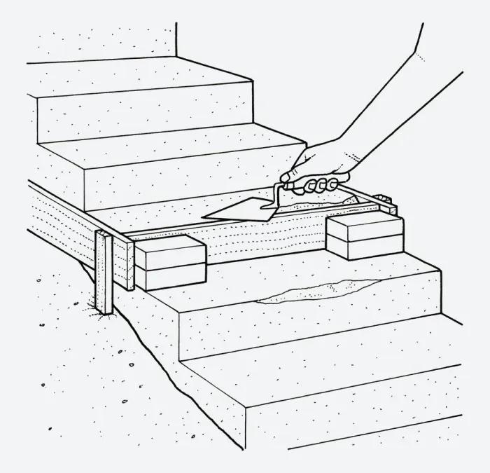 Framed Print : Black and white illustration showing how to repair concrete steps using trowel Framed Print : Black and white illustration showing how to repair concrete steps using trowel