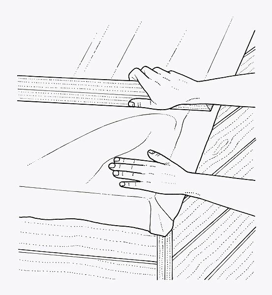 Black and white illustration showing how to use piece of wood to smooth out air pockets in new felt