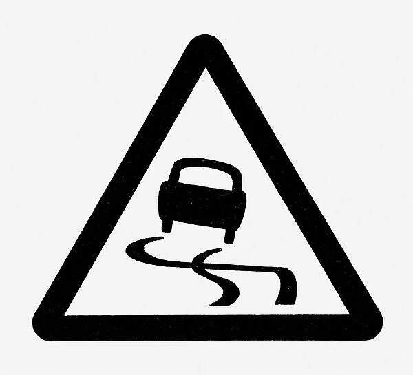 Black and white illustration of slippery road symbol in black triangle
