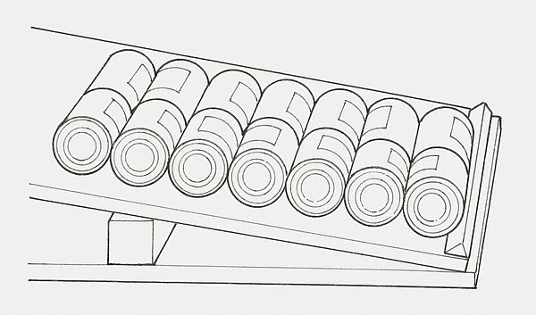 Black and white illustration of a sloping shelf containing cans
