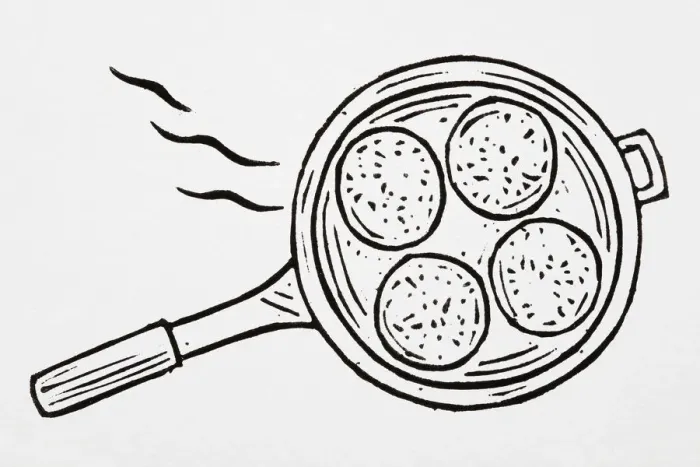 Framed Print : Black and white illustration of four small pancakes in frying pan Framed Print : Black and white illustration of four small pancakes in frying pan