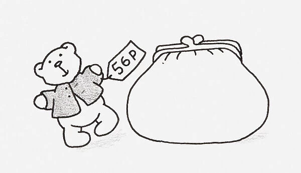 Black and white illustration of a small teddy with a price tag, next to a purse