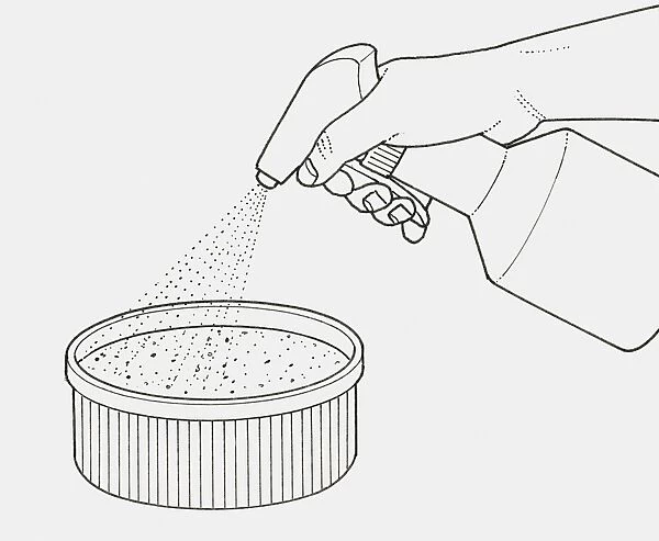 Black and white illustration of spraying water into souffle bowl