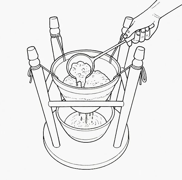 Black and white illustration of straining jelly through bag tied to upturned stool with bowl on base