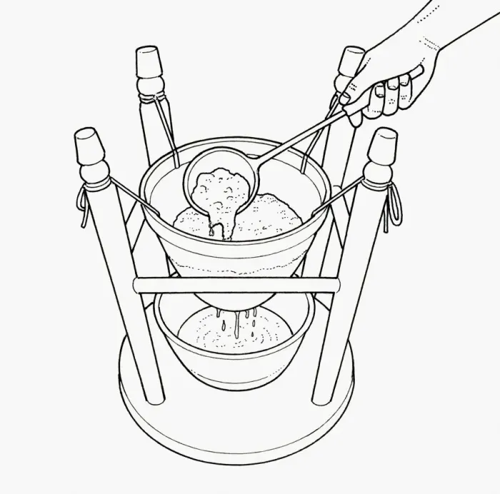 Framed Print : Black and white illustration of straining jelly through bag tied to upturned stool with bowl on base Framed Print : Black and white illustration of straining jelly through bag tied to upturned stool with bowl on base