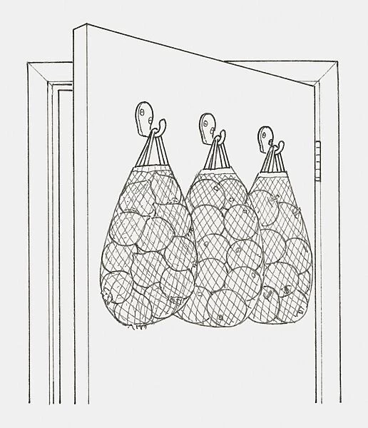 Black and white illustration of string bags holding fruit and vegetables hanging from hooks on the back of a door