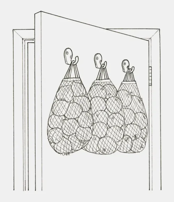 Framed Print : Black and white illustration of string bags holding fruit and vegetables hanging from hooks on the back of a door Framed Print : Black and white illustration of string bags holding fruit and vegetables hanging from hooks on the back of a door