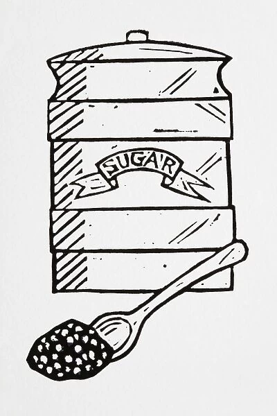 Black and white illustration of sugar in jar and spoon